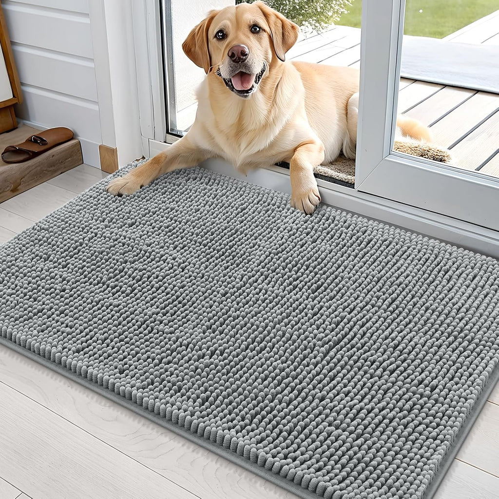 OLANLY Dog Door Mat - Absorbent Non-Slip Mud Mat for Indoor Use | 35x24 Grey Chenille Carpet