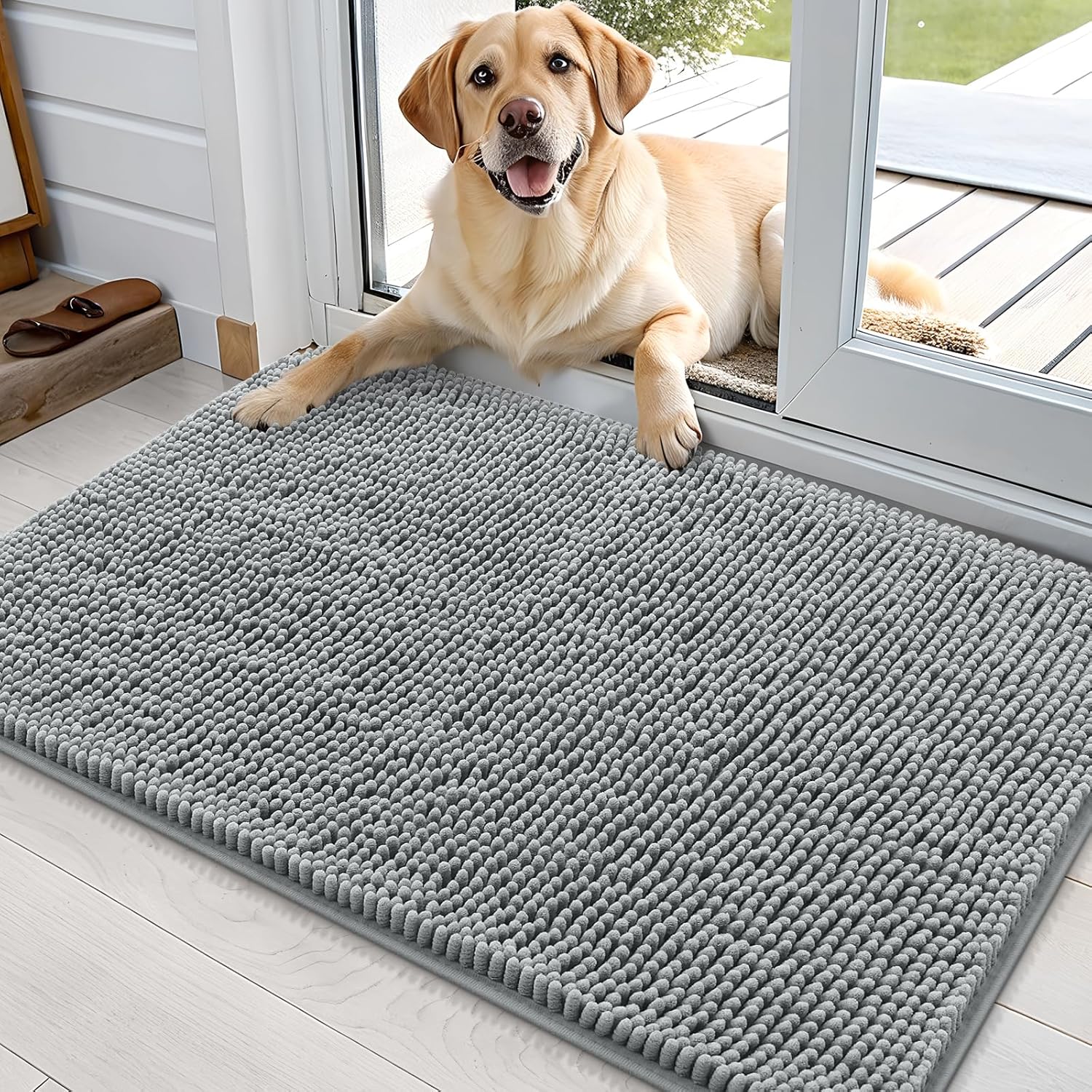 OLANLY Dog Door Mat - Absorbent Non-Slip Mud Mat for Indoor Use | 35x24 Grey Chenille Carpet