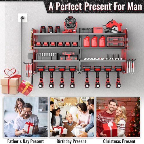 Large Power Tool Organizer by [Brand Name] - Heavy Duty Wall Mount with Charging Station & 8 Drill Holders | Red