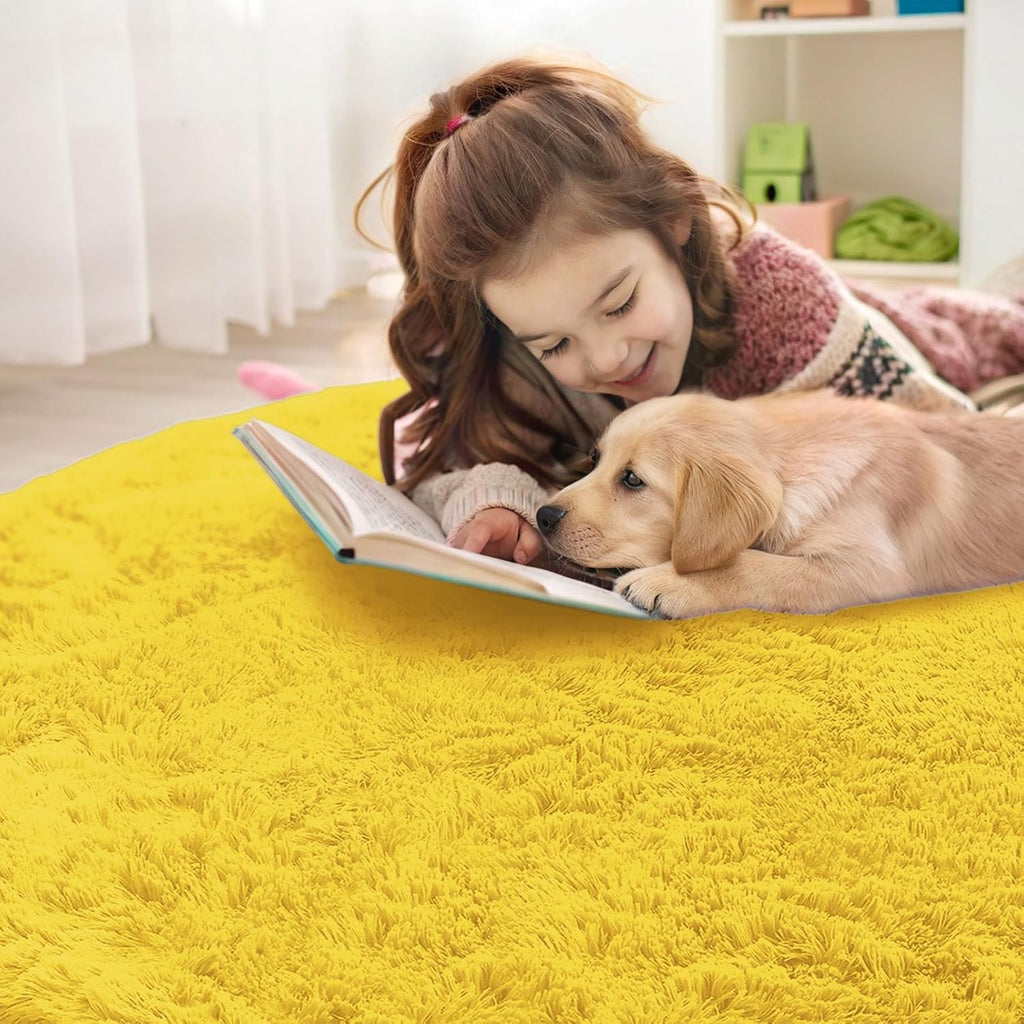 OLANLY Yellow Round Area Rug - Soft, Fluffy, Machine Washable 9 ft Circle Carpet for Bedroom & Living Room Decor