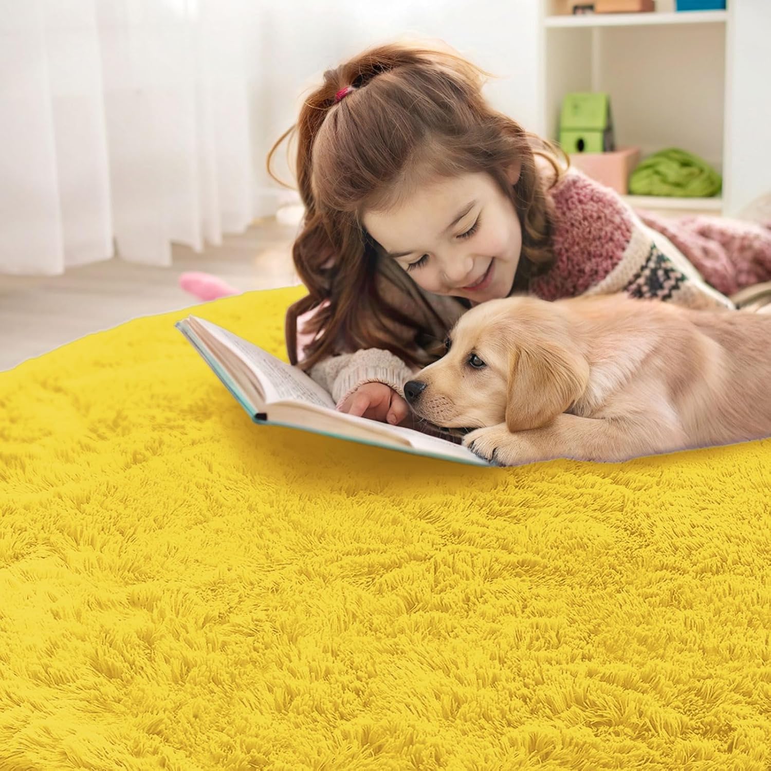 OLANLY Yellow Round Rug - Soft, Fluffy Shaggy Carpet for Bedroom | 2 ft Circle Area Rug for Teens & Nursery