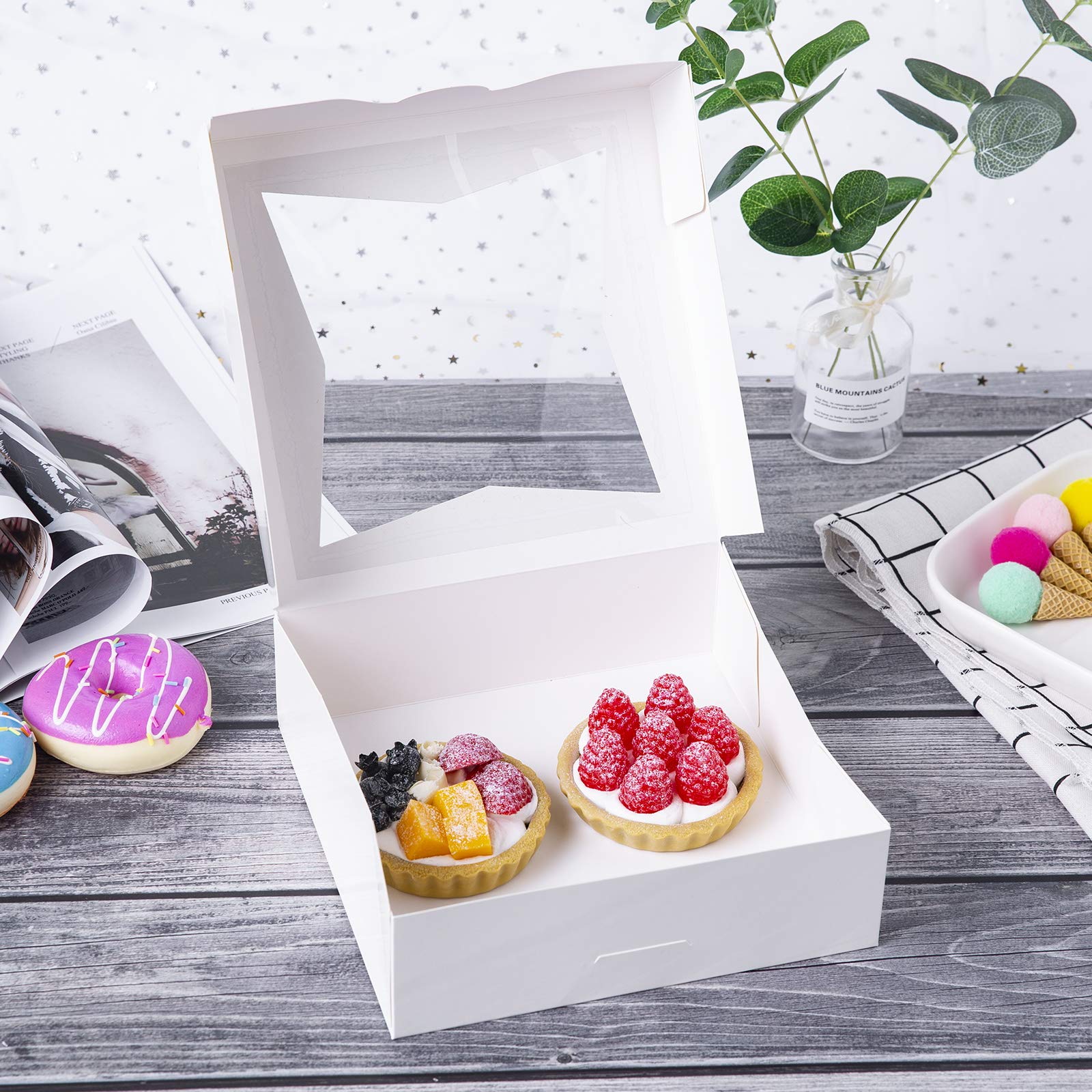 ONE MORE [15pcs] 8" White Bakery Pie Boxes, White Cardboard Cookie Box with Window Auto-Popup Natural Disposable Pastries Boxes 8x8x2.5inch,Pack of 15