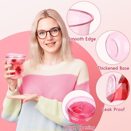 KesaPlan 50 Pack 12 oz Pink Plastic Party Cups with Sip Lids, Disposable Iced Coffee Cup with Lid, Round Bottom Stemless Glasses Drinking Cups for Valentine's Galentine's Bachelorette Party Holiday