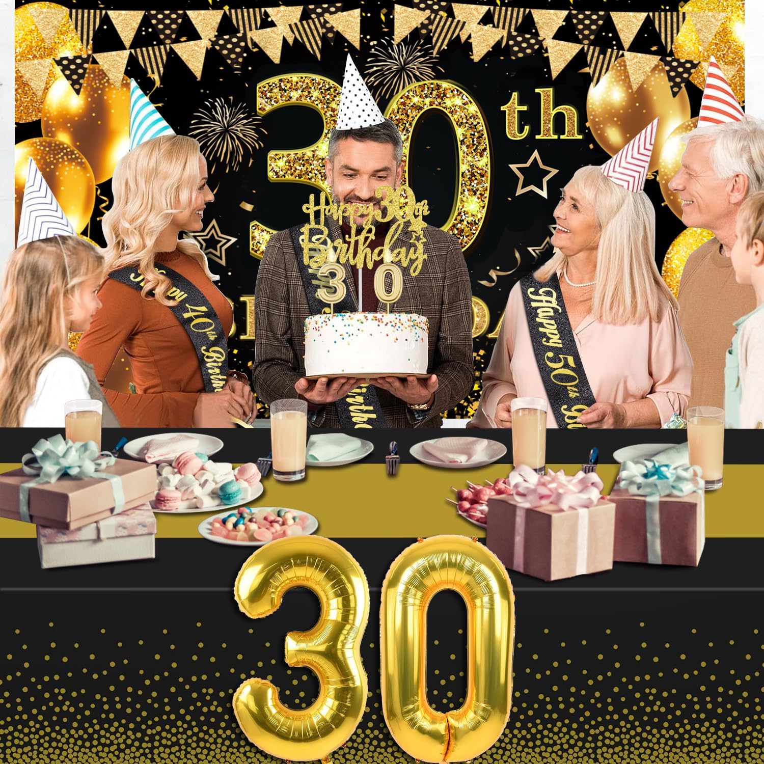 Regine Switzerland 30th Birthday Decorations - Black & Gold Banner, Table Cloth, Balloons & Cake Topper