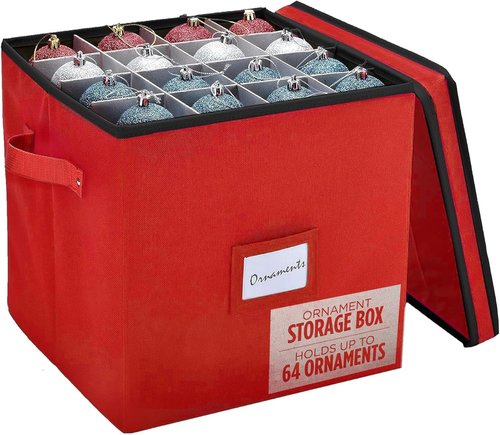 Handy Laundry Christmas Ornament Storage - Holds Up to 64 Ornaments, Adjustable Dividers, Red Box