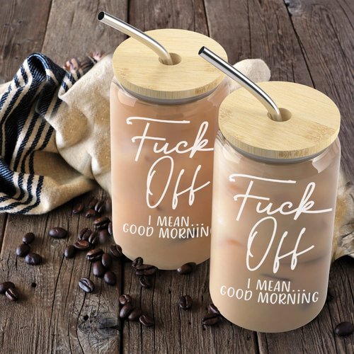 Heather & Willow Set of 2 | 16 oz Iced Coffee Cup with Bamboo Lids + Straws | Mason Jar Cups & Iced Coffee Tumbler with Lid and Straw | Glass Cups for Coffee, Boba Cup | Beer Can Glass & Smoothie Cup