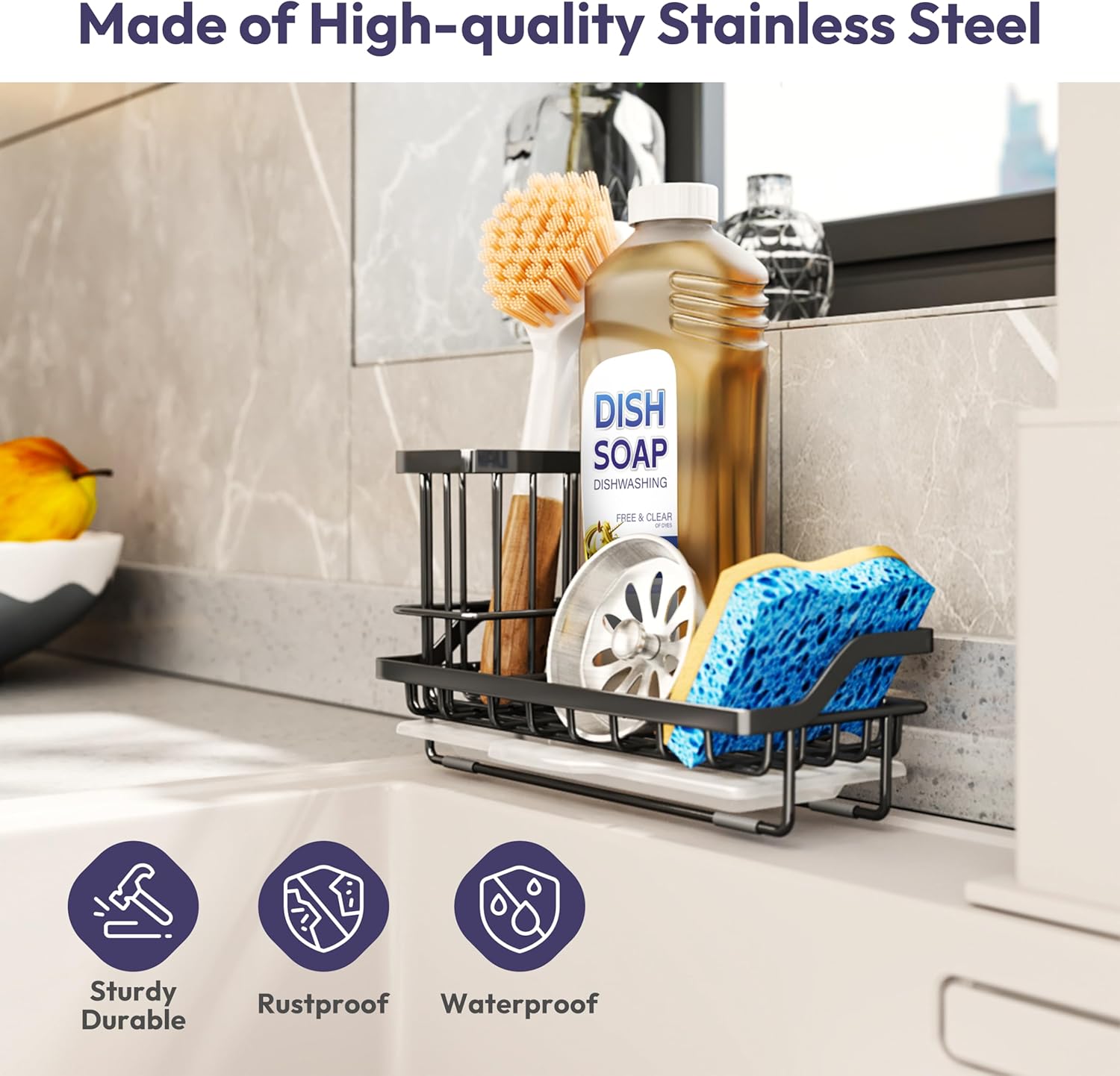SWTYMIKI Sink Caddy Sponge Holder - Stainless Steel Kitchen Organizer for Dish Soap & Sponges, Black