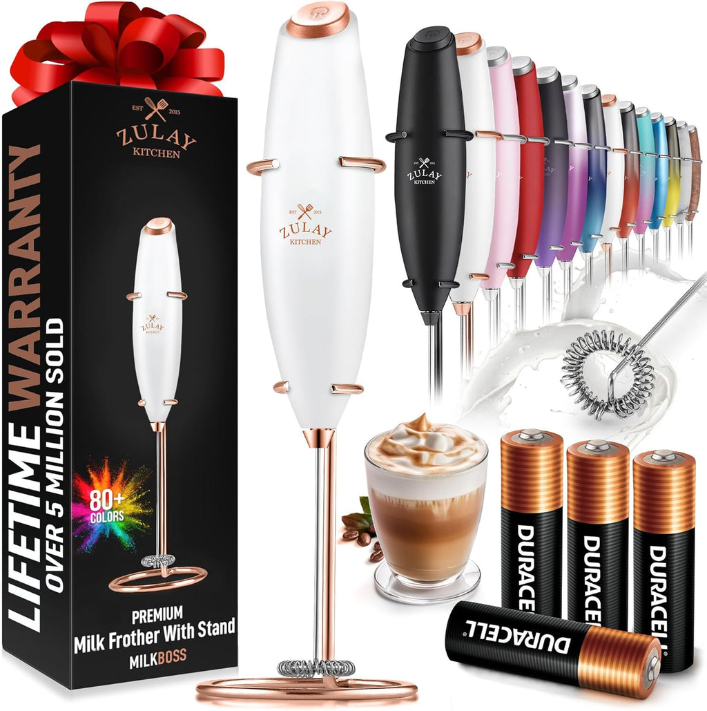Zulay Kitchen Milk Frother Wand - Ultra Fast Electric Whisk for Coffee & Lattes | White & Rose Gold