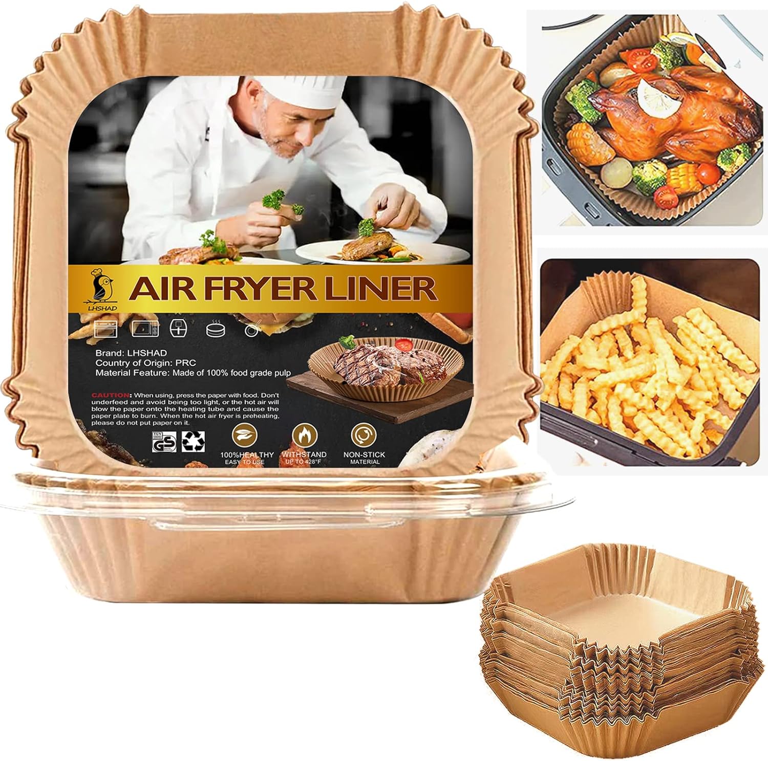 Skiennix Air Fryer Disposable Paper Liners - 10 Inch Square, 100 Pcs Non-Stick Parchment for 8-12QT Fryers