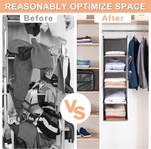 BOOMIBOO Hanging Closet Organizer - 5-Tier Shelves with 2 Side Pockets | Foldable Storage (Beige, 2 Pack)