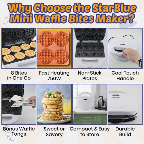 StarBlue Mini Waffle Bites Maker with FREE Waffle Tongs - 8 x 2” Tiny Waffle Bites, Non-Stick, Fast Heating, Perfect for Kids’ Breakfast, Snacks, Compact & Easy to Clean, White, 120V 60Hz 750W