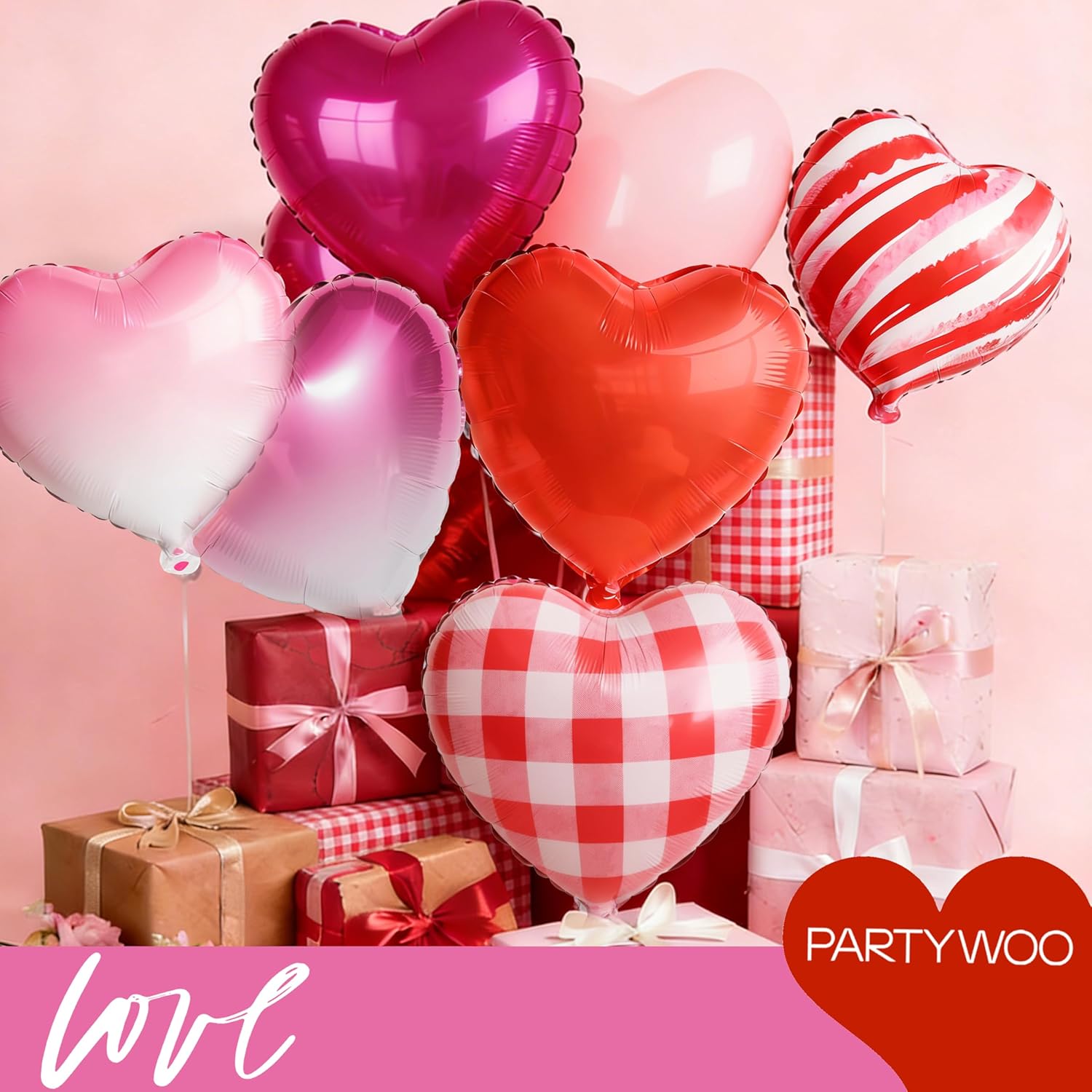 PartyWoo Valentine's Balloons - 15pcs 18-Inch Pink & Red Foil Heart Balloons for Romantic Celebrations