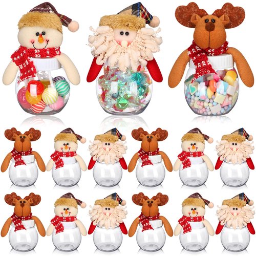 Reallnaive 12 Pcs Christmas Candy Jars with Snowman Santa Elk Lid 5.91 x 3.1 Inch Plastic Clear Christmas Cookie Chocolate Jar Xmas Snack Food Storage Container for Gifts Holiday Party Favor Supplies