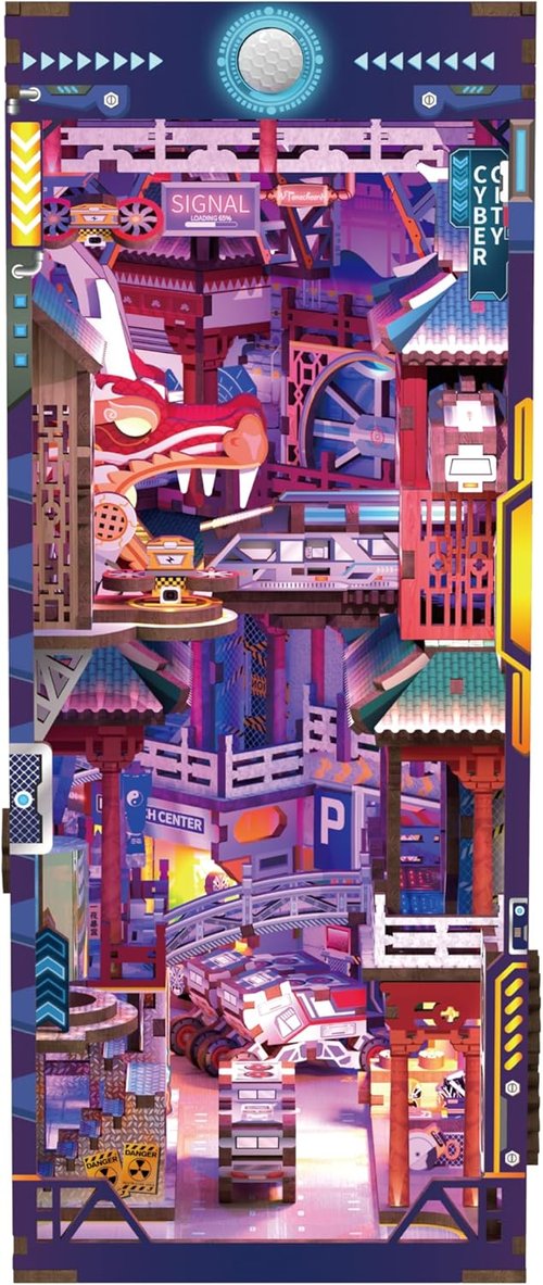 Hands Craft DIY Book Nook Kit - Cyber City Miniature Puzzle with LED Lights | Neon Cyberpunk Decor