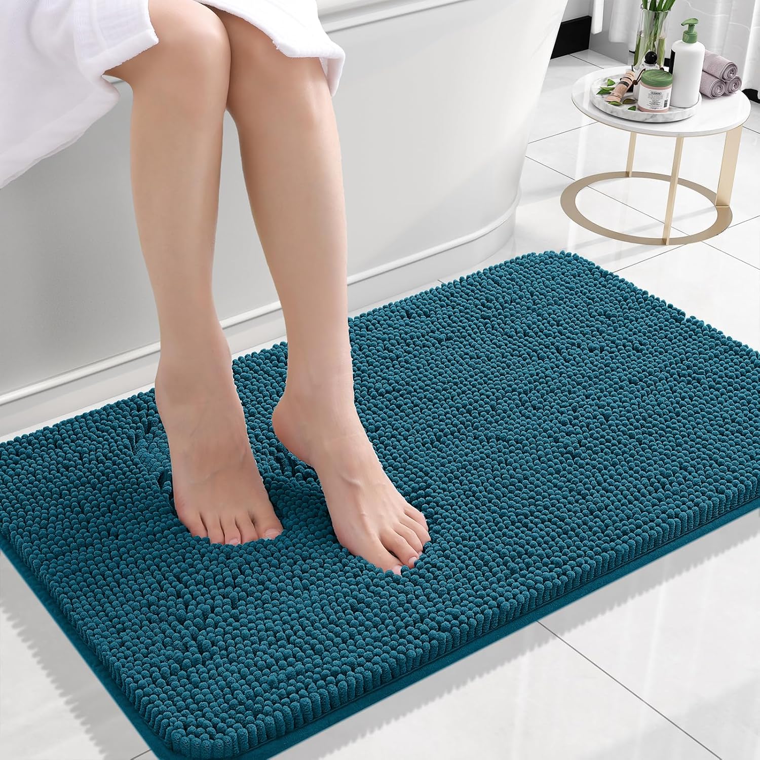 OLANLY Bath Rugs - Extra Soft Chenille, Quick Dry & Absorbent | 24x16 Inches, Peacock Blue