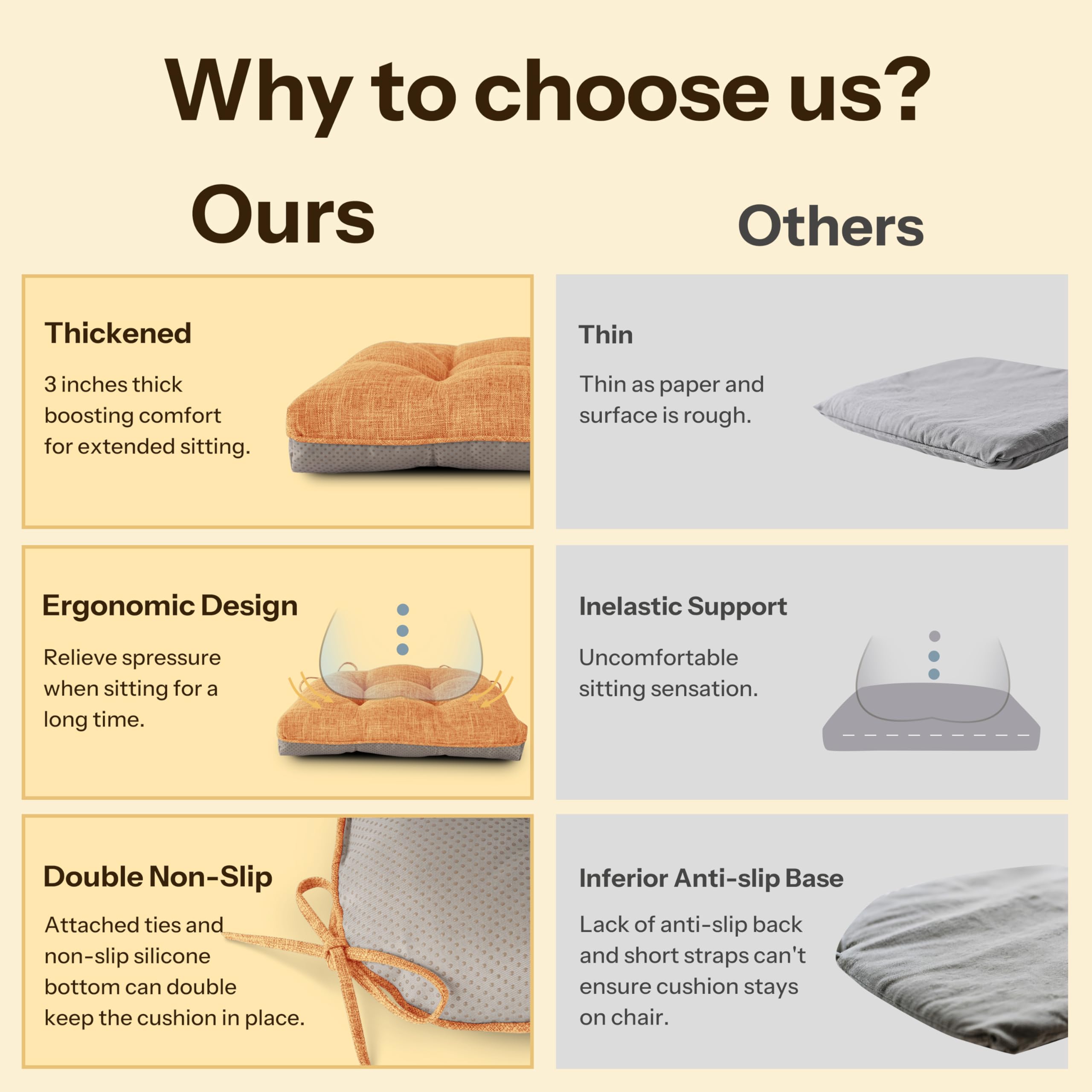 FlyGulls Non Slip Chair Cushions for Dining Chairs Set of 4 Kitchen Chair Cushions 18"x18"x3" Turfted Chair Pads Comfortable and Soft Seat Cushion with Ties, Orange