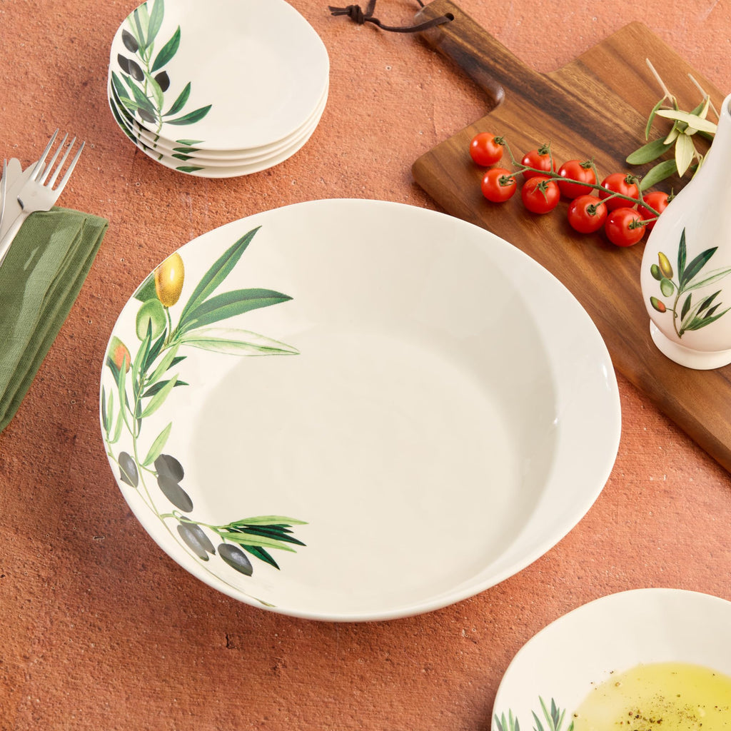 Olivia 128-Ounce Stoneware Large Serving Bowl - 13-Inch Mediterranean Olive Branch Design with Elegant Colors, Perfect for Pasta, Soup, Salads, and Family-Style Dishes