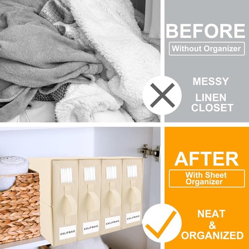 **EXLIFBAG Sheet Organizers - Foldable Bedding Storage with Window | XL for Queen & King Size, Beige**