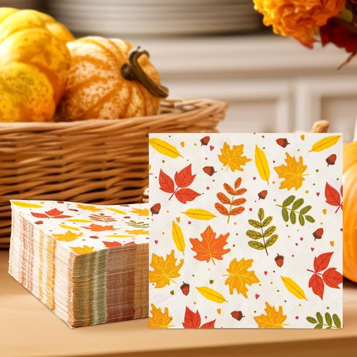 100 PCS Fall Leaves Cocktail Napkins, 3 Ply Thanksgiving Paper Napkins, Disposable Napkins Decorative Fall Leaf Beverage Napkins for Harvest Autumn Home Dinner Bathroom Holiday Party