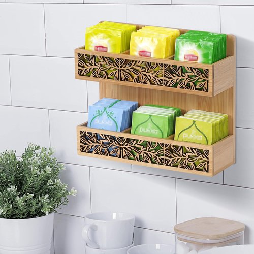 QILICHZ Tea Bag Holder Bamboo Tea Organizer for Tea Bags Wall Mounted Tea Bags Organizer Tea Holder for Tea Bags Organizer for Table Or Wall