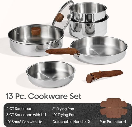 CAROTE 13 PCS Tri-Ply Stainless Steel Cookware Set - Induction-Ready, Oven Safe, Detachable Handle