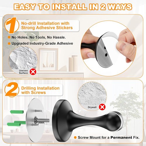 Crosize Magnetic Door Stoppers - Stainless Steel Wall & Floor Mount Door Holders | No Drilling, 2 Pack, Black