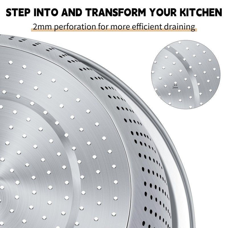Colander 304 Stainless Steel 5-quart with Mixing Bowls, Strainer for Kitchen Food For washing vegetables, fruit, rice, Dishwasher Safe. (2PC)