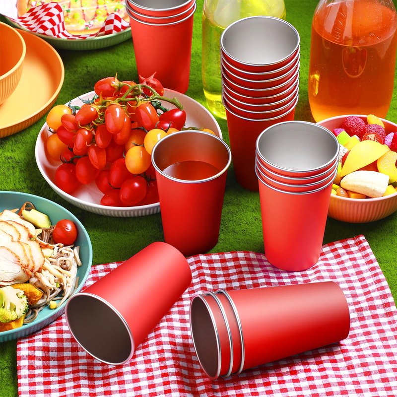 Mimorou 20 Pack Stainless Steel Pint Cups Metal Cups Unbreakable Drinking Water Tumblers Stackable Tumbler for Adults Bar Home Restaurant Travel Picnic Camping Outdoor (Red,16 oz)