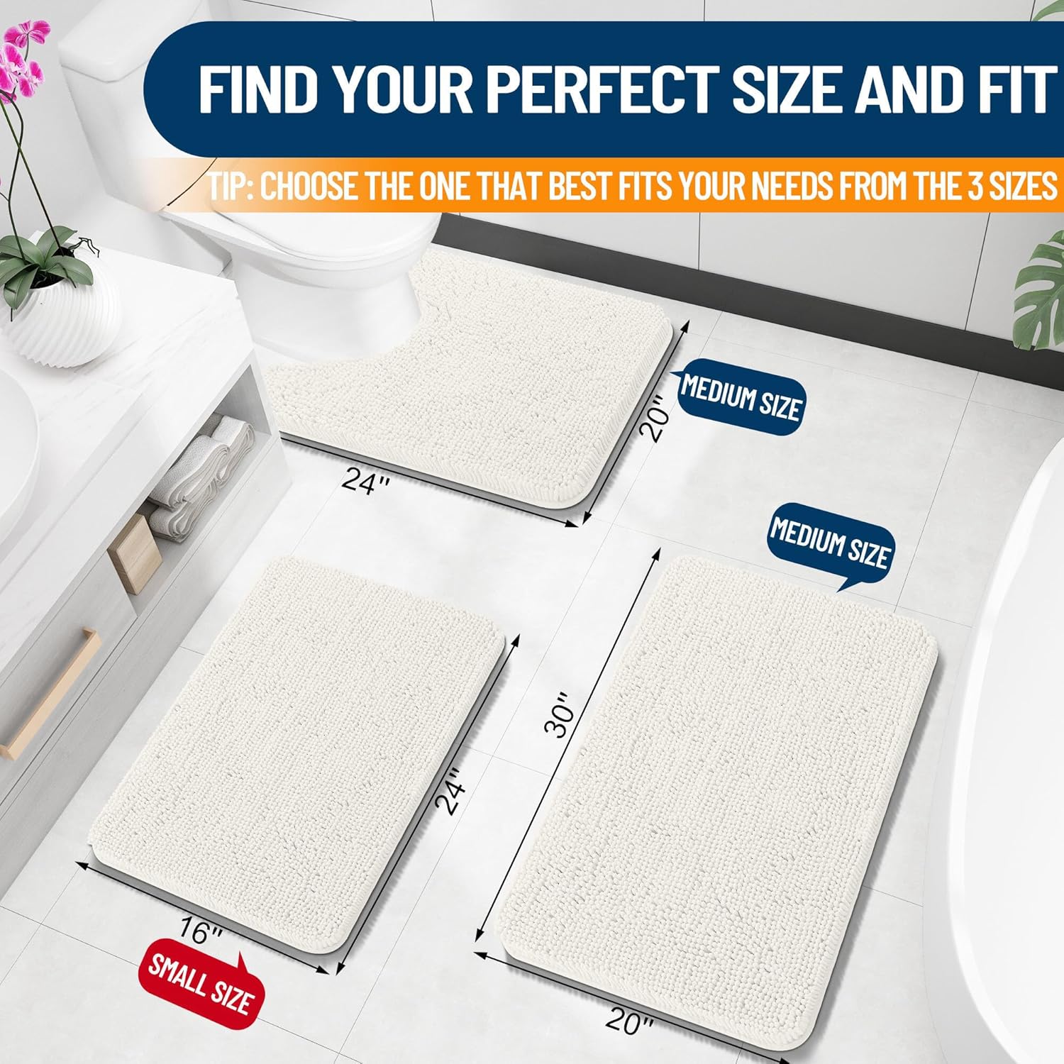 OLANLY Bath Rugs - Extra Soft Chenille, Quick-Dry Rubber Backing | 24x16 Inches, Ivory Color