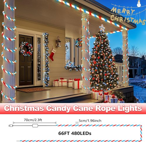 Jnaurb Christmas Candy Cane Lights - 66ft 480 LED Connectable Waterproof Rope Lights | Red, White & Blue