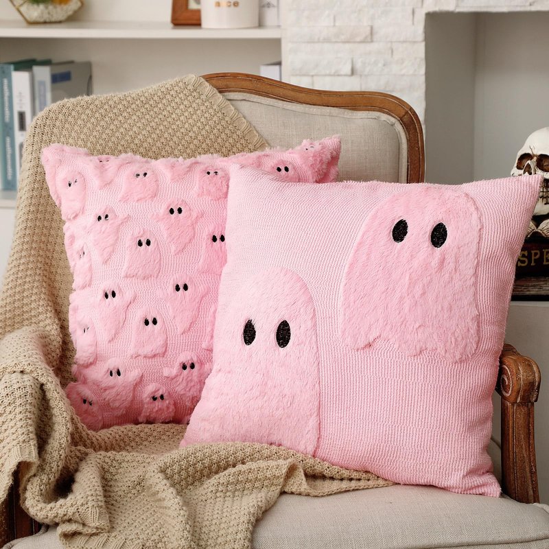 FuWeave 2 Pcs Pink Ghost Halloween Throw Pillows Cover 18 x 18 Cute Ghost Throw Pillowcase Embroidery Plush Furry Spooky Decorative Cushion Cover Pastel Pink Halloween Decoration for Home Sofa Bedroom