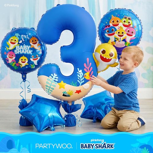 **PartyWoo Baby Shark Blue Foil Number 3 Balloon - 5pcs 18 Inch Round Mylar Helium Decorations for Kids' Birthday**