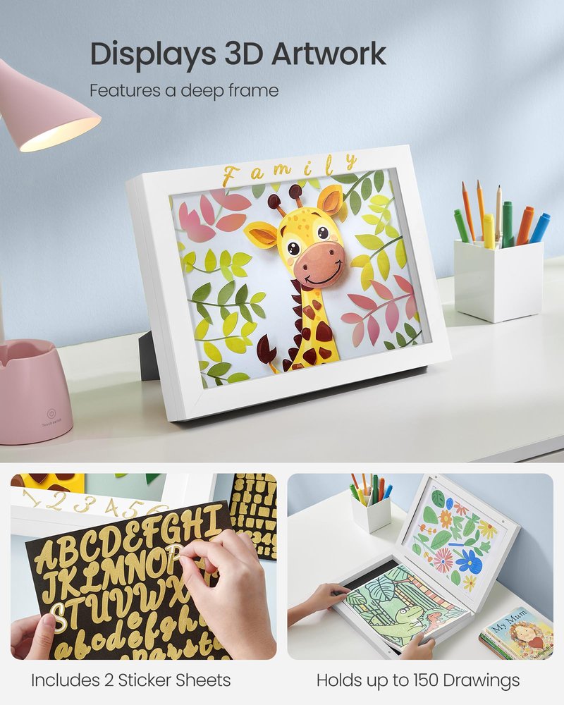 SONGMICS Kids Artwork Frames Changeable, Set of 2, A4, 8.5x11 Art Picture Frame Display for Room Decor, Each Storage up to 150 Drawings, with Mats, Stickers, Non-Trace Nails, Matte White URPF052W02