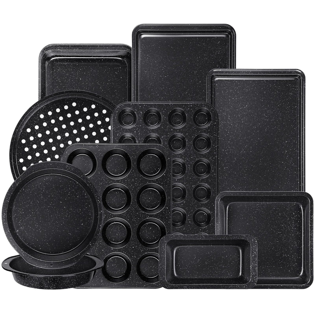 Terlulu 10-Piece Baking Pans Set, Bakeware Sets Nonstick, Baking Set for Oven Cooking, Stackable Carbon Steel Set Include Cookie Sheets, Muffin Pan, Cake Pan, Pizza Pan, Loaf Pan, Roasting Pan, Black