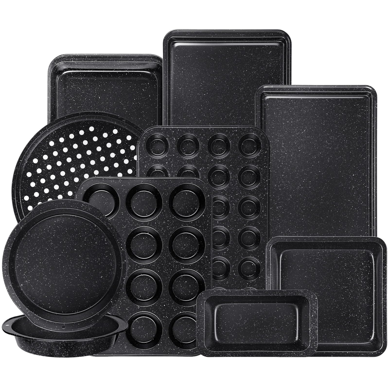 Terlulu 10-Piece Baking Pans Set, Bakeware Sets Nonstick, Baking Set for Oven Cooking, Stackable Carbon Steel Set Include Cookie Sheets, Muffin Pan, Cake Pan, Pizza Pan, Loaf Pan, Roasting Pan, Black