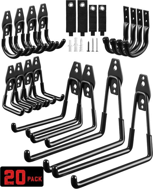 LANDNEOO Garage Hooks - 20-Pack Heavy-Duty Steel Wall Mount Organizers with Anti-Slip Coating for Ladders, Bikes & Tools - Black