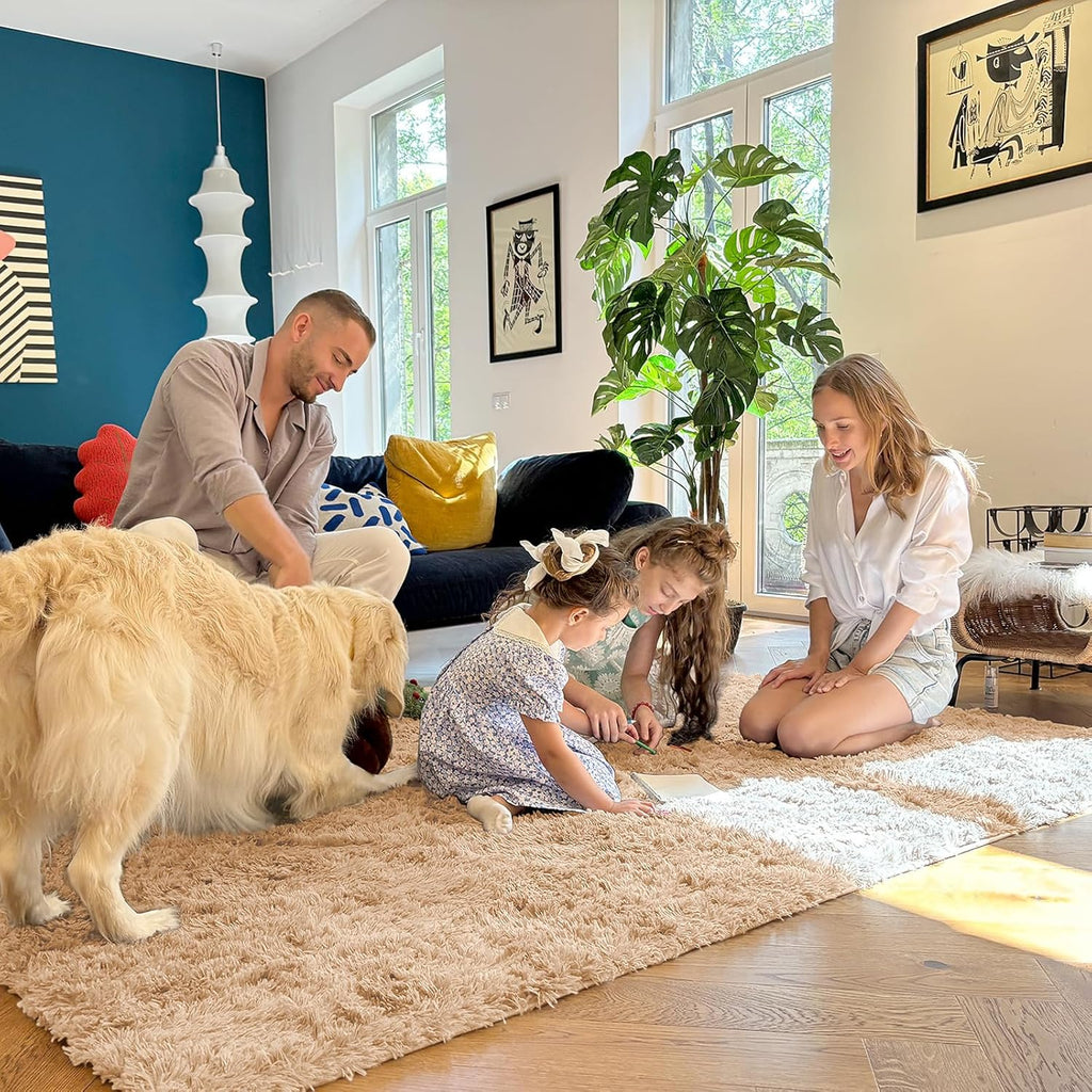 OLANLY 4x4 Soft Fluffy Shaggy Accent Rug - Machine Washable Indoor Carpet for Bedroom & Nursery, Beige