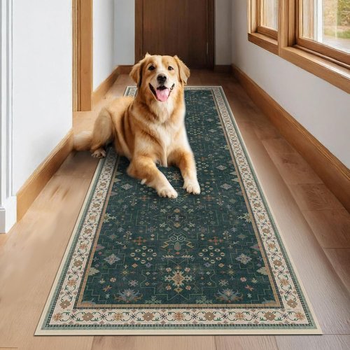 Hazo Haus Dark Green 2x8 Non-Slip Kitchen Runner Rug - Modern Vintage Boho Floral Design, Washable 8ft Long