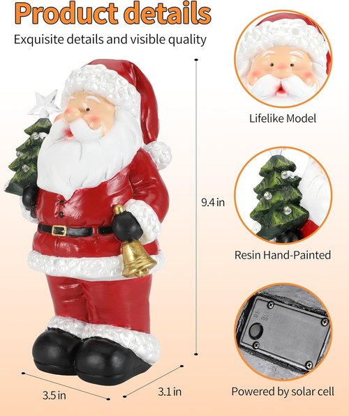 iStatue Santa Claus Decorations - 9.5” Hand-Painted Solar-Powered Christmas Statue for Outdoor Patio Decor