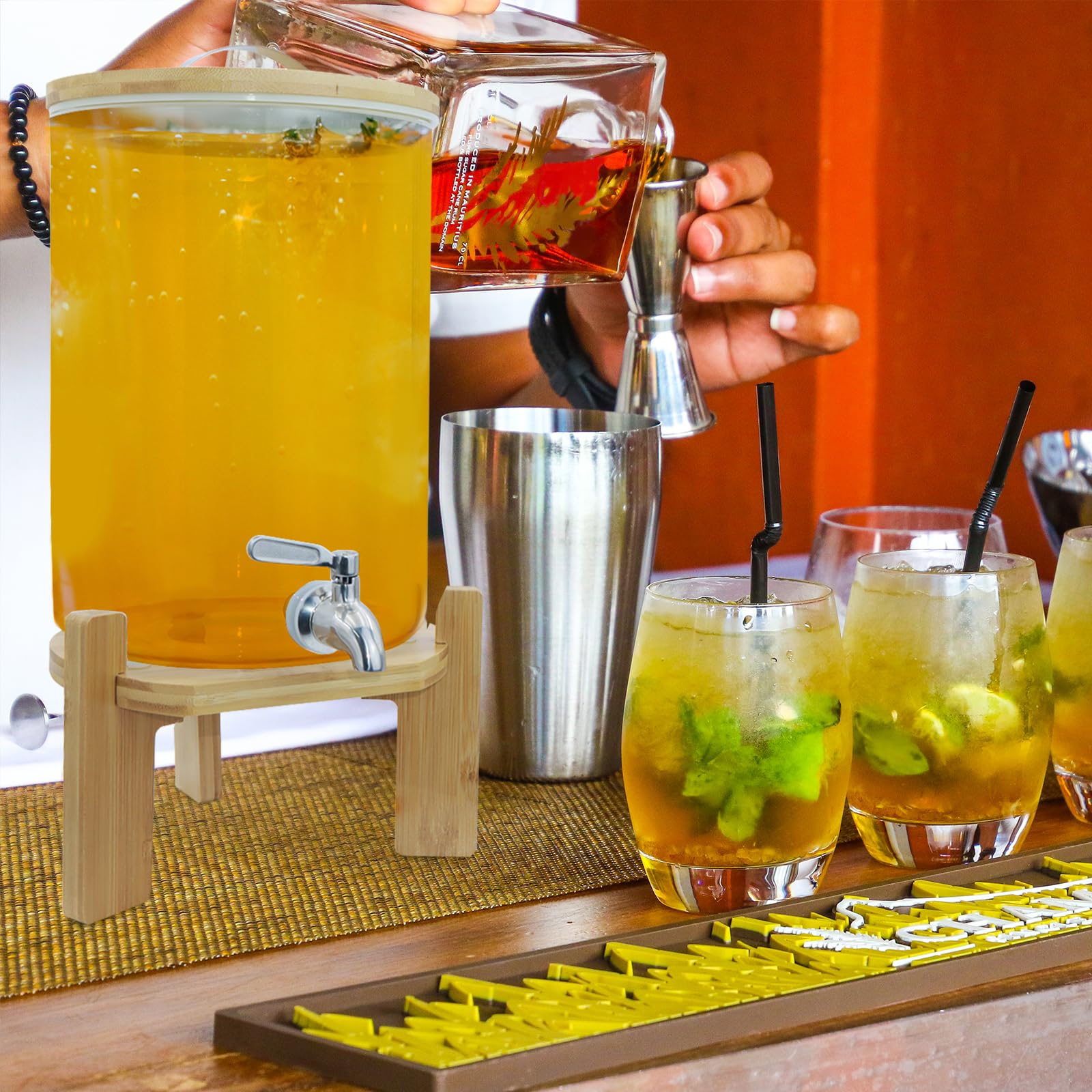 Glass Drink Dispenser with Stand,2.1 Gallons Wood Stand Cold Beverage Dispensers-Large Drink Dispensers For Parties,Bars,Restaurants