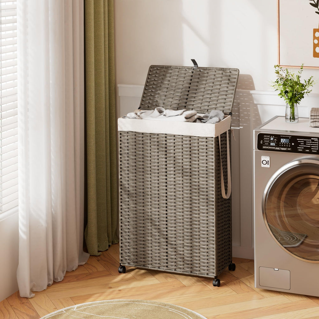 Rolling Laundry Hamper with Wheels and Lid, 90L Slim Laundry Basket with Removable Bag, Foldable Handwoven Rattan Laundry Sorter, Narrow Dirty Clothes Basket Organizer, No Assembly, Grey