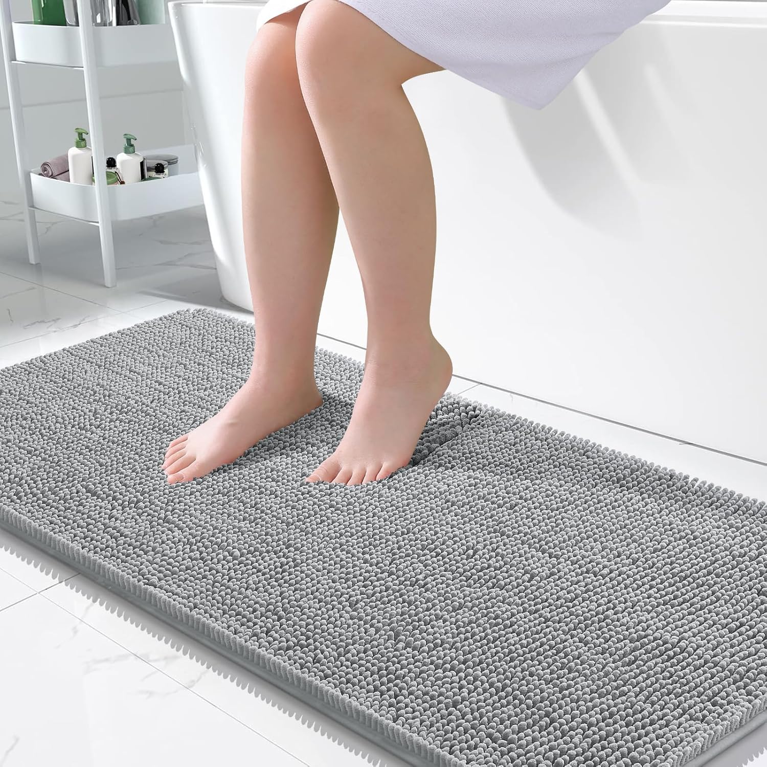OLANLY Large Bath Rugs - Extra Soft Chenille, Quick Dry, Machine Washable | 50x30, Light Grey