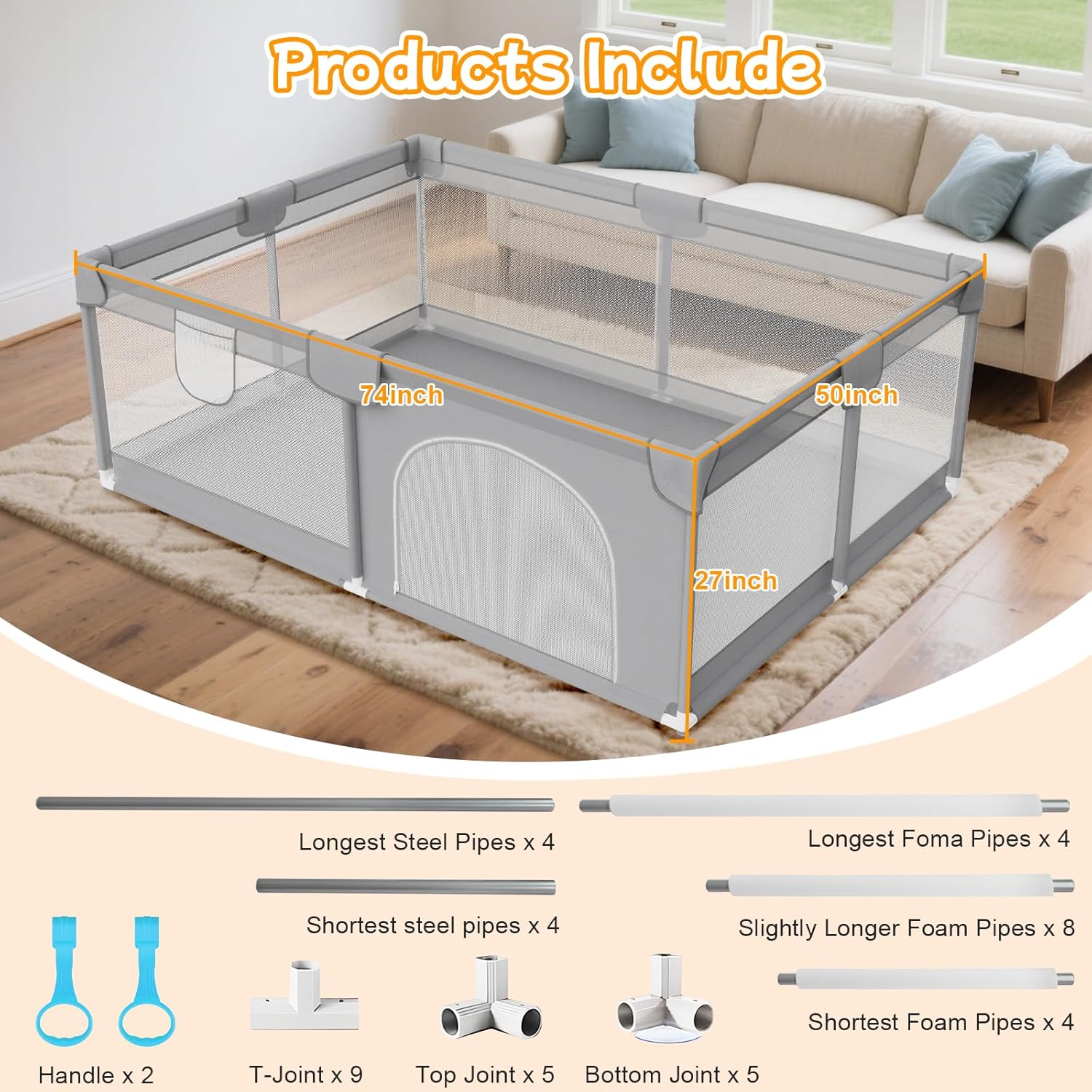 Skiennix Large Baby Playpen - Breathable Mesh Safety Playard with 2 Handles | 74"x50" Grey Activity Center for Indoor & Outdoor Use