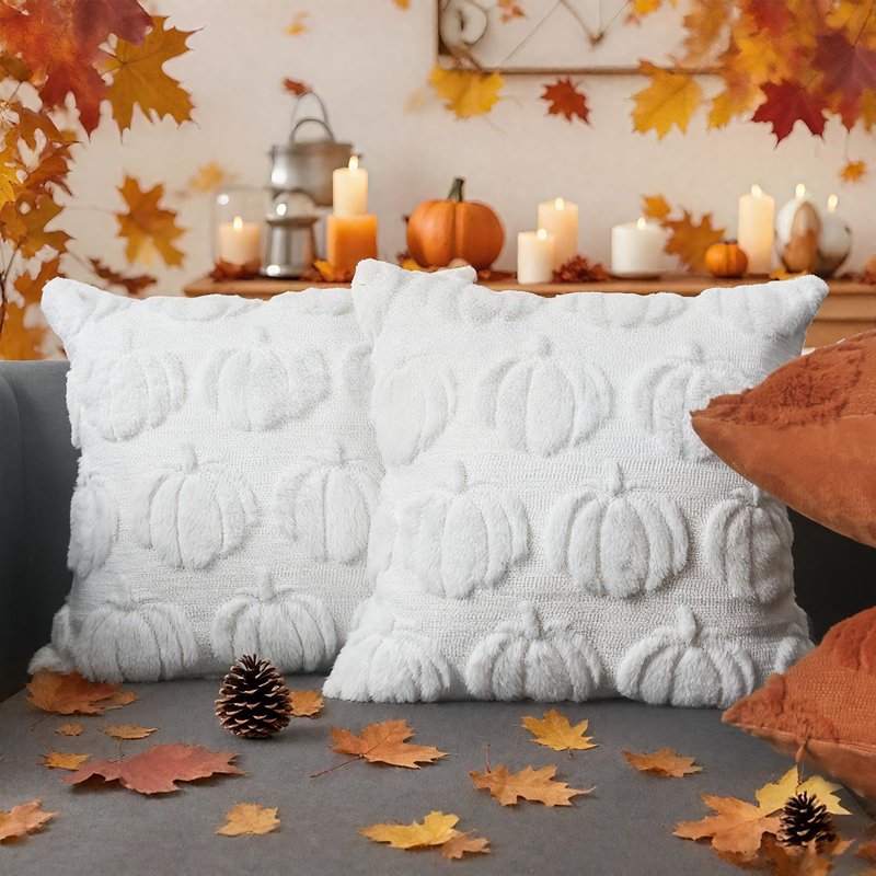 DUZXLCQ Fall Pillow Covers 18x18 inch Set of 2 Fall Decorations Pumpkin Plush Faux Fur Throw Pillow Covers Cushion Case for Autumn Harvest Farmhouse Home Decor for Couch Sofa Home Outdoor White