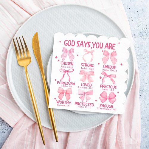 JarThenaAMCS 100Pcs Pink Bow Bible Napkins Jesus Faith Disposable Napkins Scalloped Edge Paper Luncheon Dinner Napkin for Christian Party Table Supplies
