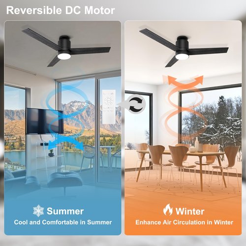 Flybull 52’’ Ceiling Fans with Lights Remote Control: Black Flush Mount Ceiling Fan for Bedroom - Quiet Low Profile Ceiling Fan 6 Speed & LED Light