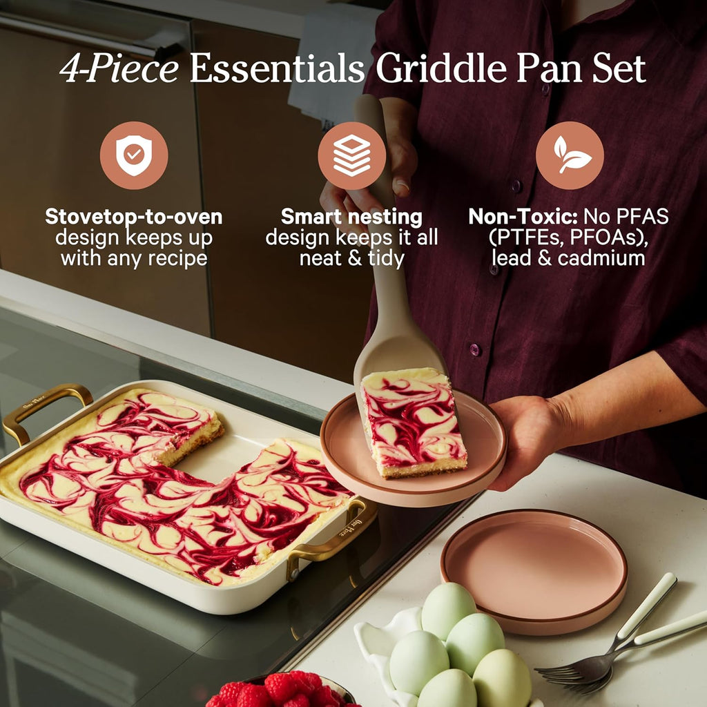 Our Place Essentials 4-Piece Griddle Pan Set - Nonstick Standard & Mini with Silicone Mats | PFAS-Free, Oven Safe, Versatile | Cream