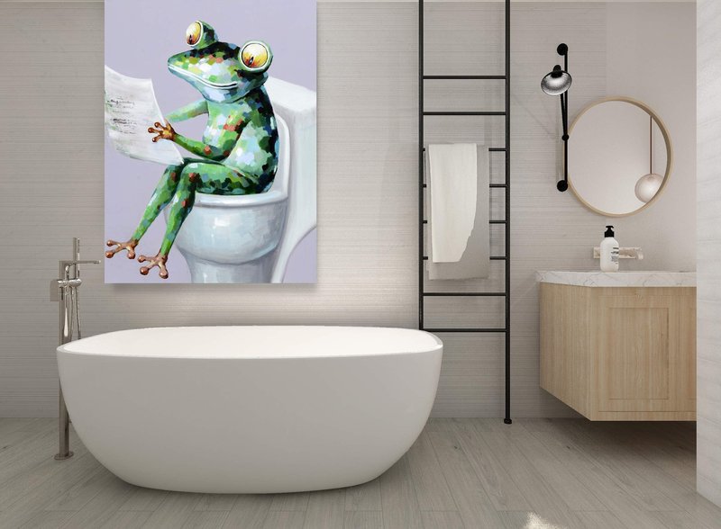 Yihui Arts Funny Bathroom Wall Art, Frog Reading Book Artwrok, Large Painting Pictures for Home Decor
