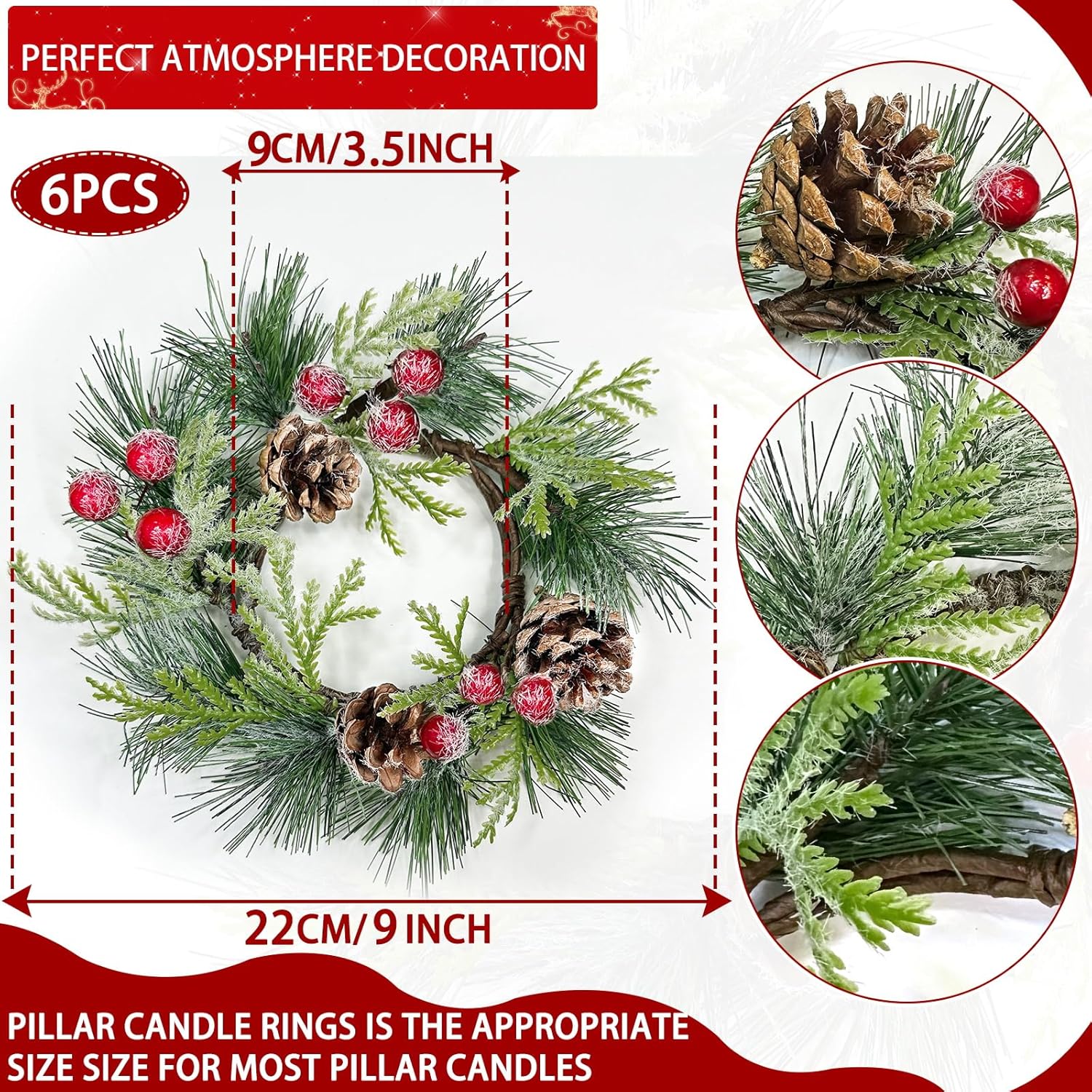 Skiennix 6 Pcs Mini Christmas Wreaths - 9 Inch Snowy Pinecone & Red Berry Candle Rings for Holiday Decor
