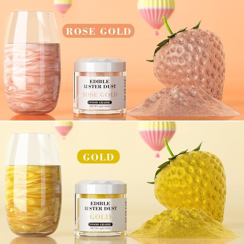 Cherrysea Luster Dust Edible Set - Food Grade Shimmer Powder for Cakes & Cocktails | 4g Bottles - Rose Gold & Gold
